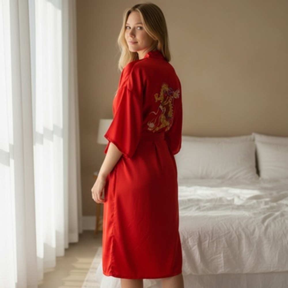 Satin Kimono Robe‎ Womens M Red Dragon Embroidered Belted Short Sleeve Lounge